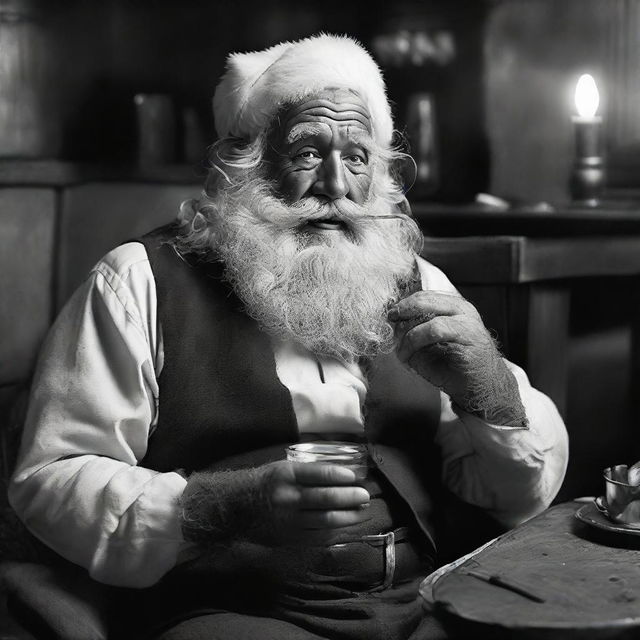 An utterly rugged Santa Claus after a grueling 24-hour shift, his suit in tatters, bare chest, face deeply creased, wild beard, matted hair, holding a lit cigar in one hand and a glass of whiskey in the other.