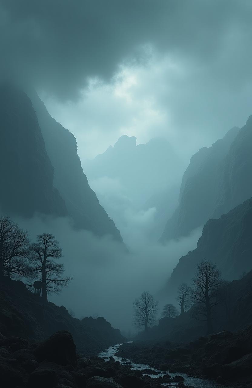 A photo-realistic landscape suitable for a science fiction book cover, depicting a gloomy and misty scene