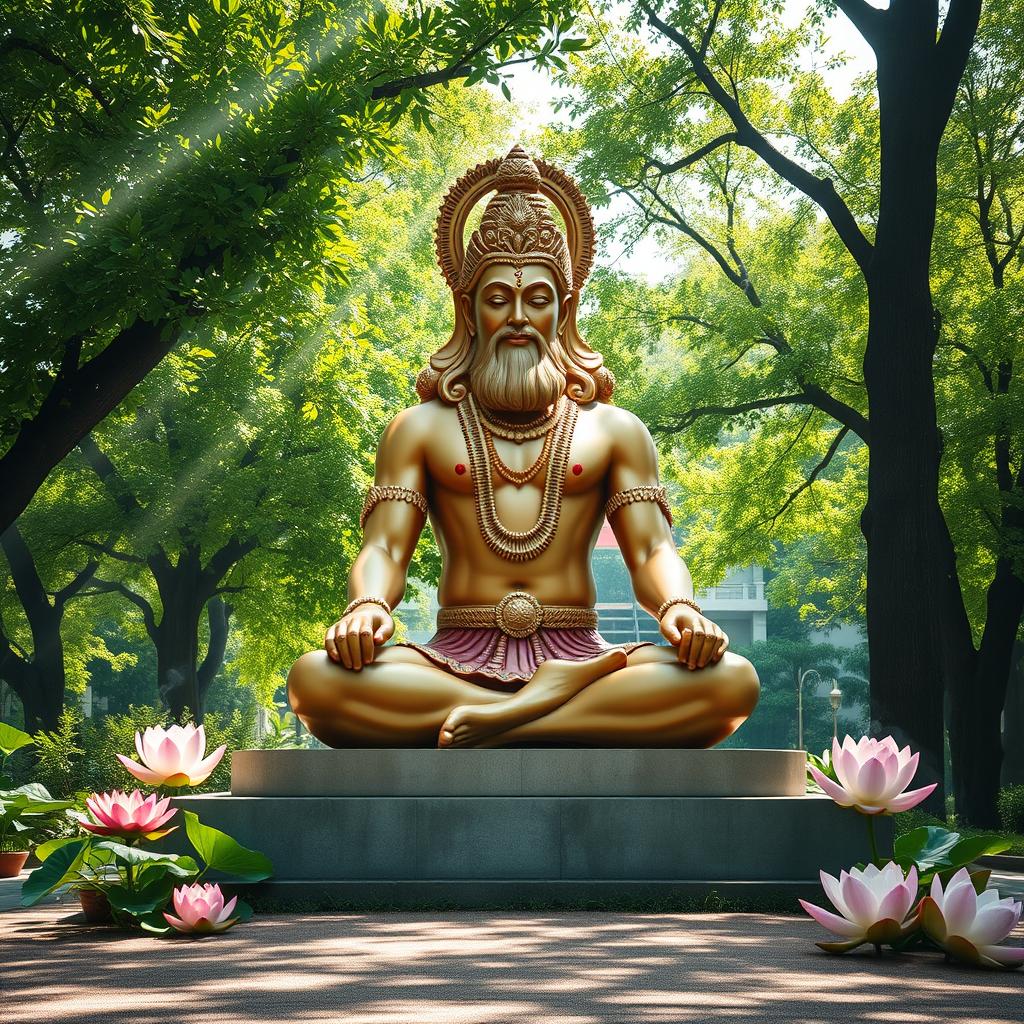 A serene and majestic Hanuman statue seated in a tranquil meditation pose, surrounded by lush green trees and a peaceful atmosphere