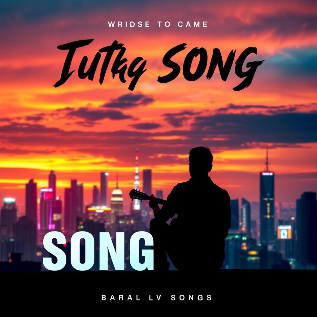 A visually striking song cover design featuring a futuristic cityscape at sunset, the skyline illuminated with neon lights