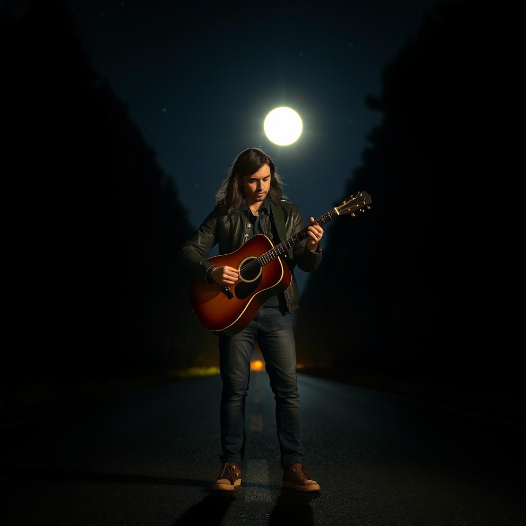 A talented guitarist standing aside a dark and lonely road at night, the moonlight casting soft shadows around him