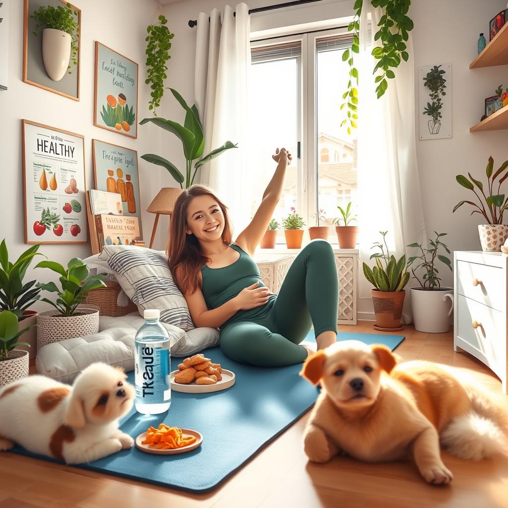A relaxed scene featuring a 'lazy girl' lounging at home with healthy snacks and a light exercise routine, such as stretching on a yoga mat