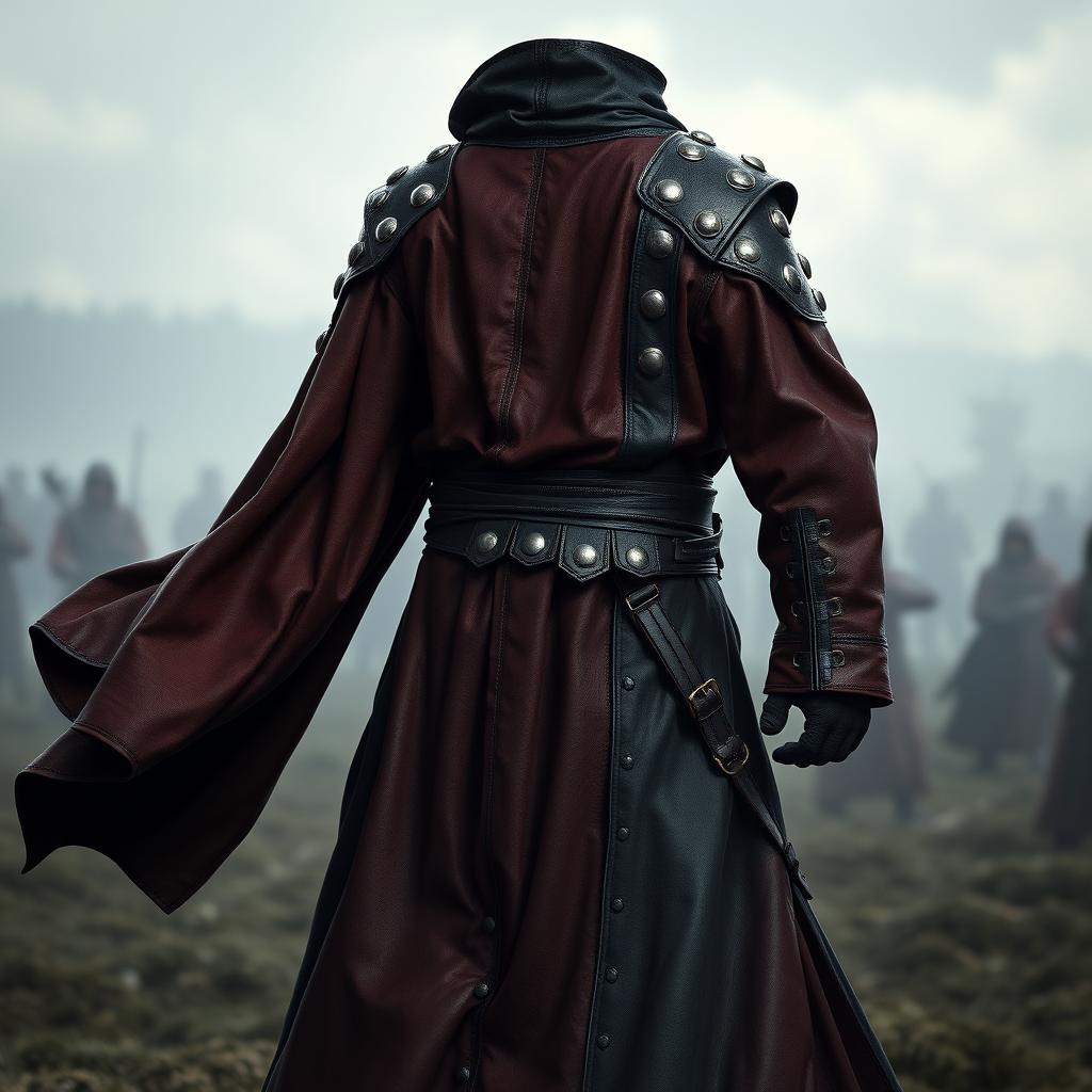 A long battle robe designed for a warrior, crafted from robust leather and adorned with metal studs and intricate stitching