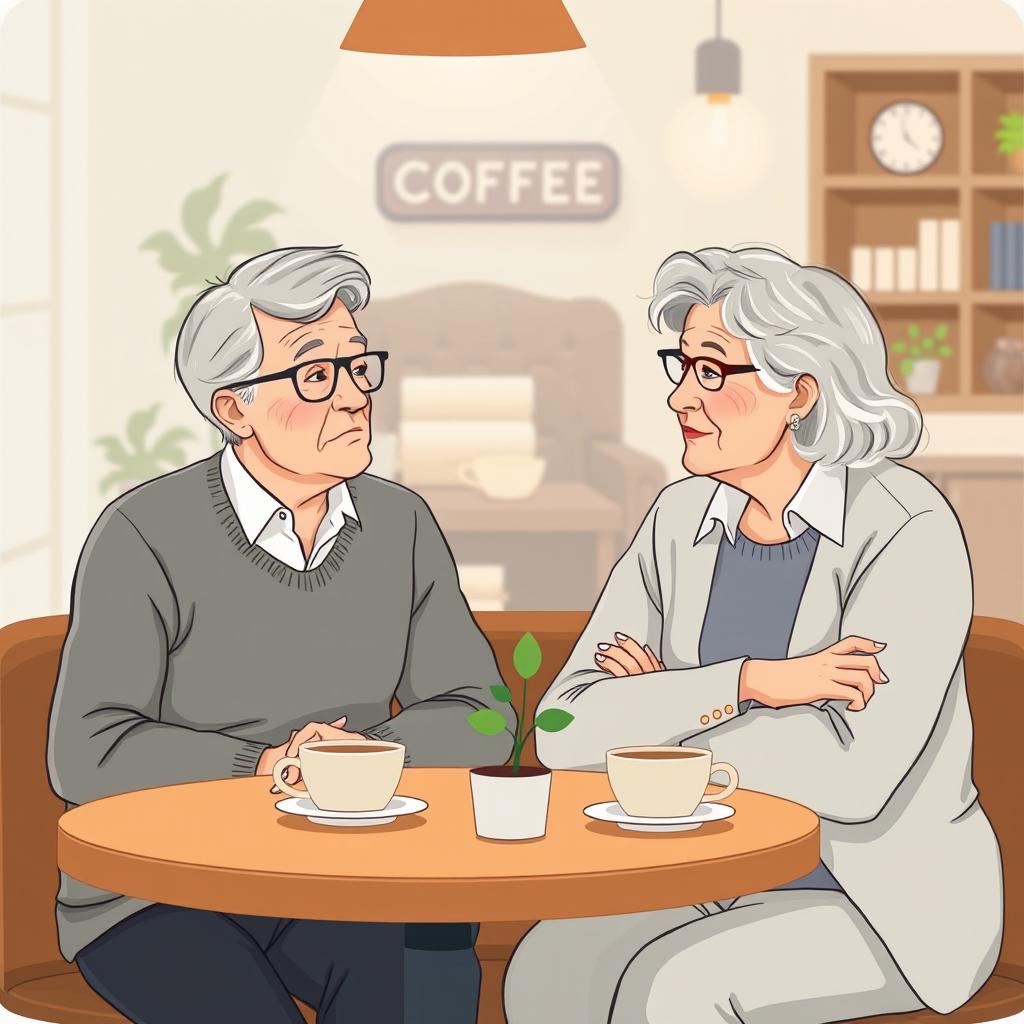 An illustration depicting a middle-aged couple sitting at a cozy coffee shop, having an open and calm discussion about their feelings regarding a grey divorce