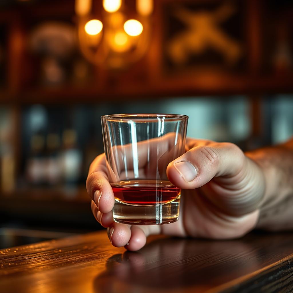 A close-up shot of a whiskey shot glass resting on a wooden bar