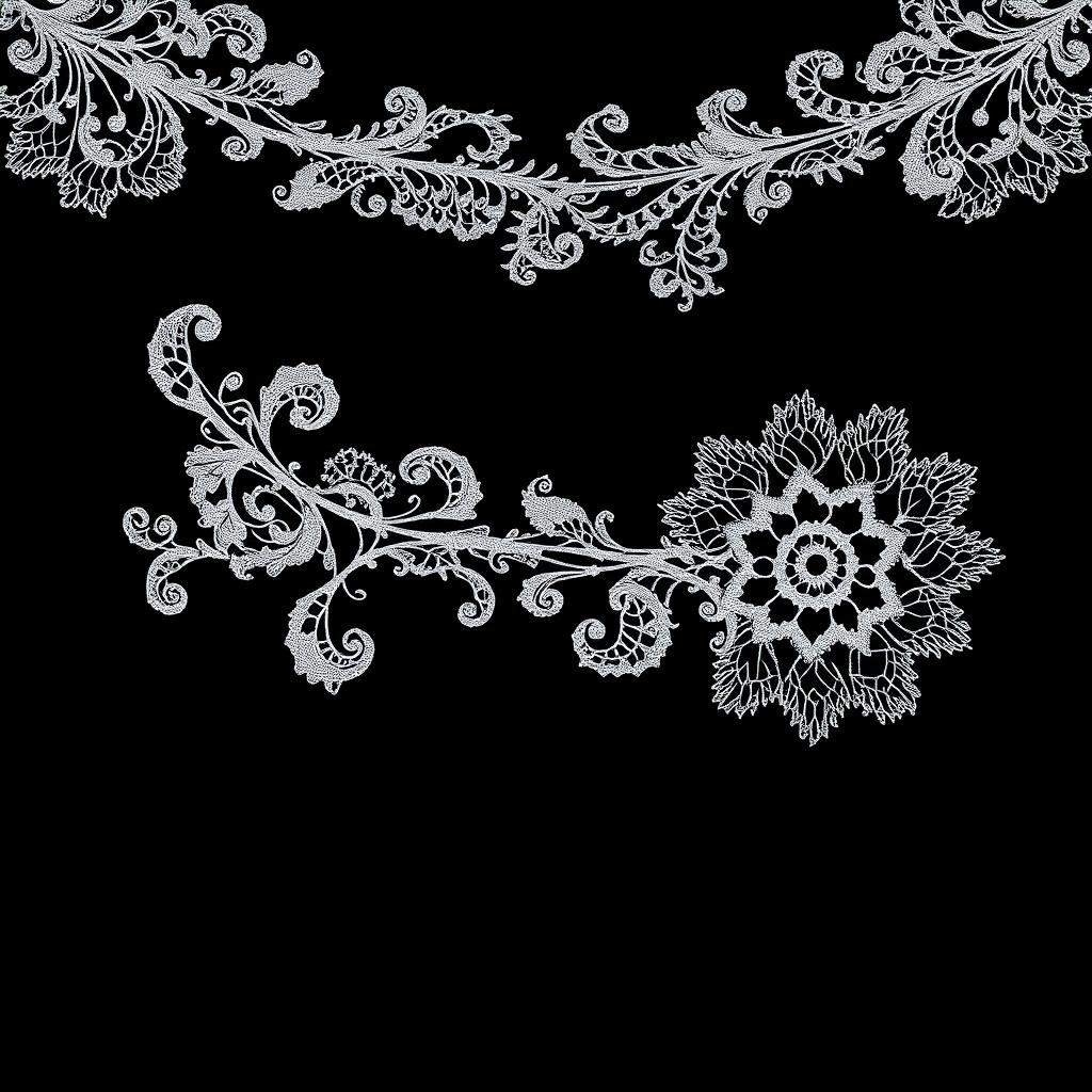 An intricate lace design showcasing beautiful, delicate patterns in an array of swirling shapes, textures, and intricate details against a solid black background