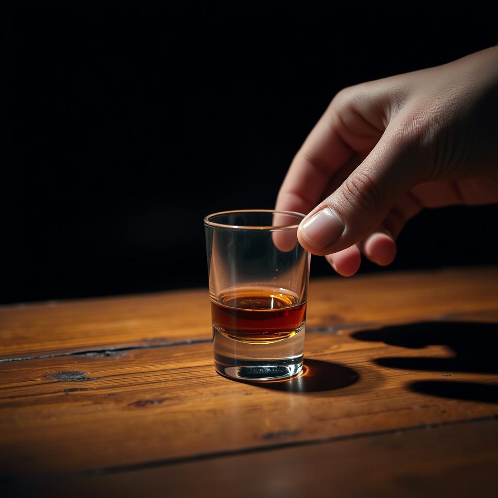 A whiskey shot glass placed prominently on a worn wooden bar table, glistening in dim light