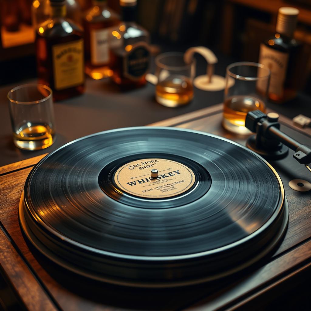 An artistic representation of a vinyl LP disc with the title "One More Shot of Whiskey" prominently displayed on the label in a vintage style font