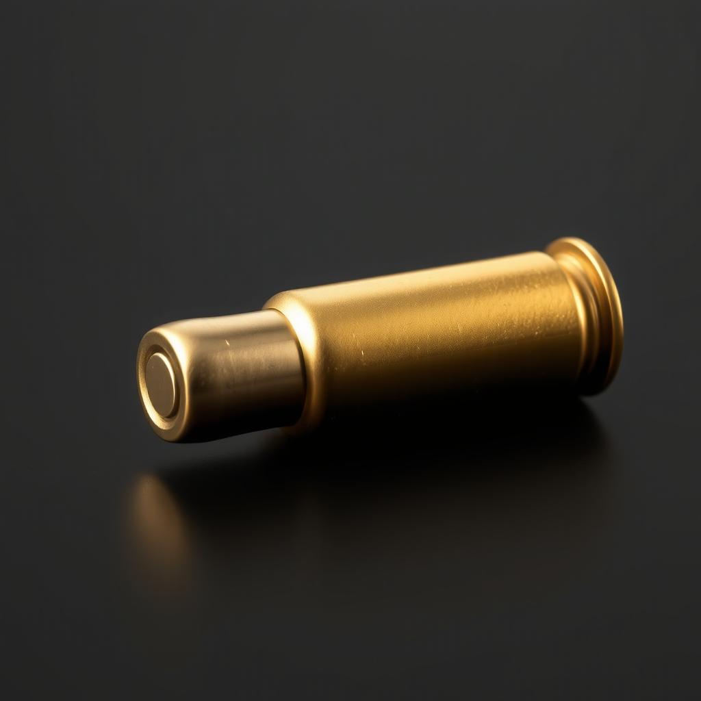 A single, beautifully detailed gold bullet lying on a smooth black surface