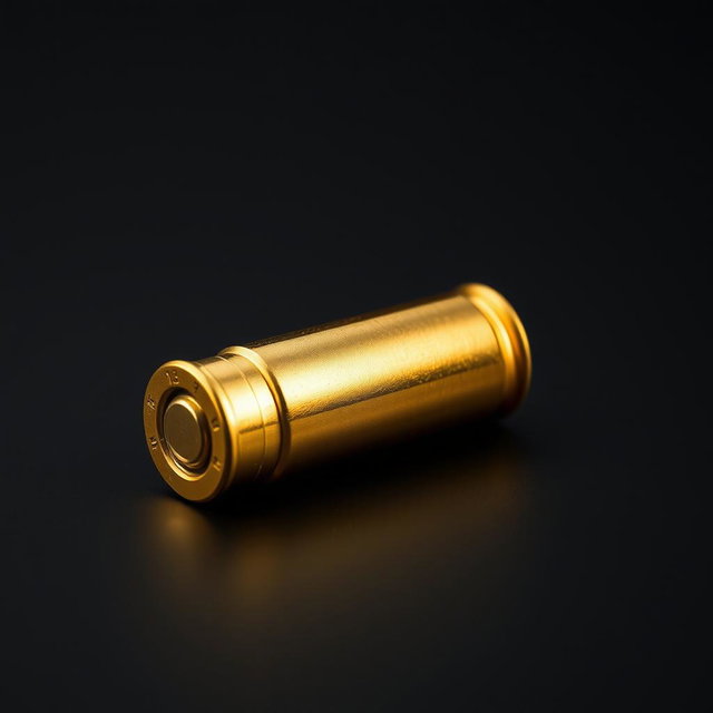 A single, beautifully detailed gold bullet lying on a smooth black surface
