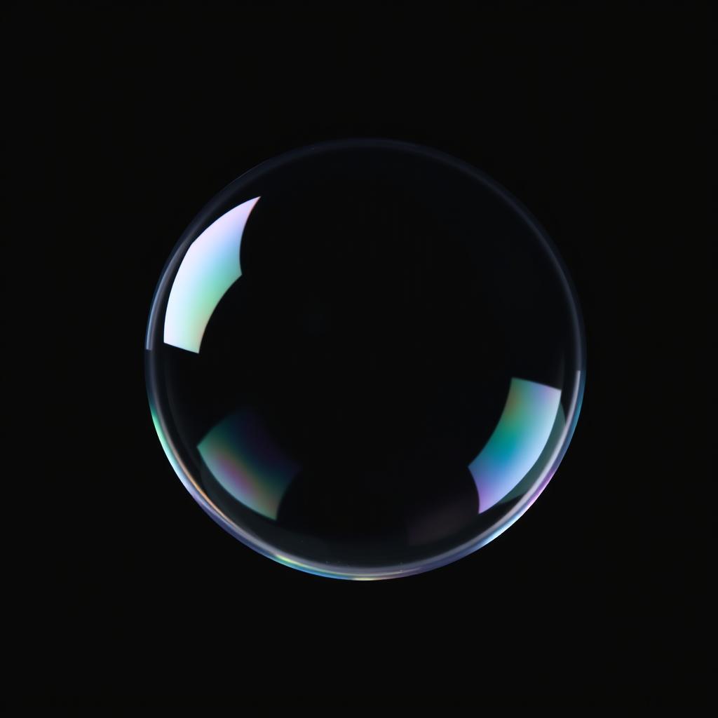 A stunning, high-resolution image of a water bubble, beautifully suspended in mid-air against a solid black background