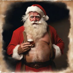 An utterly rugged Santa Claus after a grueling 24-hour shift, his suit in tatters, bare chest, face deeply creased, wild beard, matted hair, holding a lit cigar in one hand and a glass of whiskey in the other.