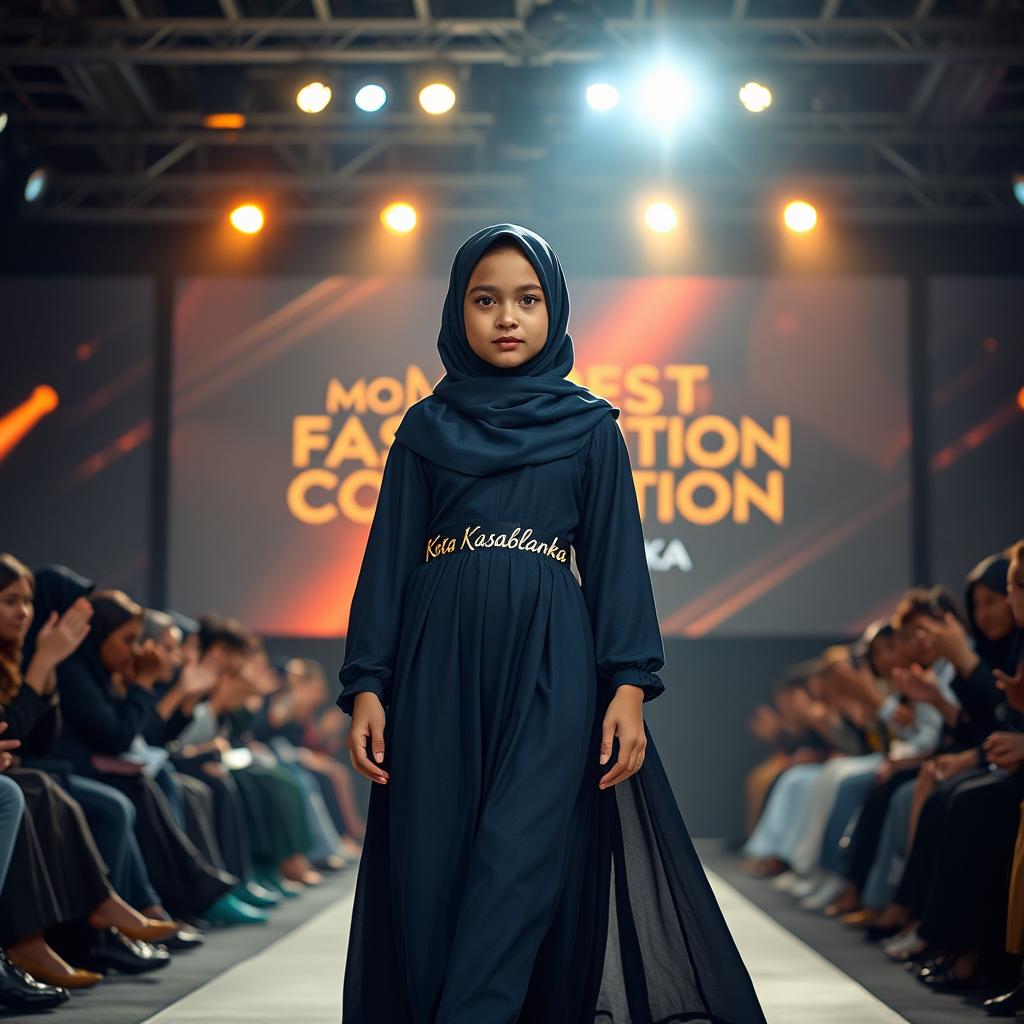A young, confident girl wearing a stylish hijab walks gracefully down a fashion runway, illuminated by bright stage lights that create a dramatic ambiance