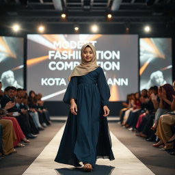 A young, confident girl wearing a stylish hijab walks gracefully down a fashion runway, illuminated by bright stage lights that create a dramatic ambiance