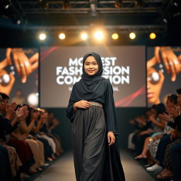 A young, confident girl wearing a stylish hijab walks gracefully down a fashion runway, illuminated by bright stage lights that create a dramatic ambiance