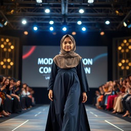 A young, confident girl wearing a stylish hijab walks gracefully down a fashion runway, illuminated by bright stage lights that create a dramatic ambiance