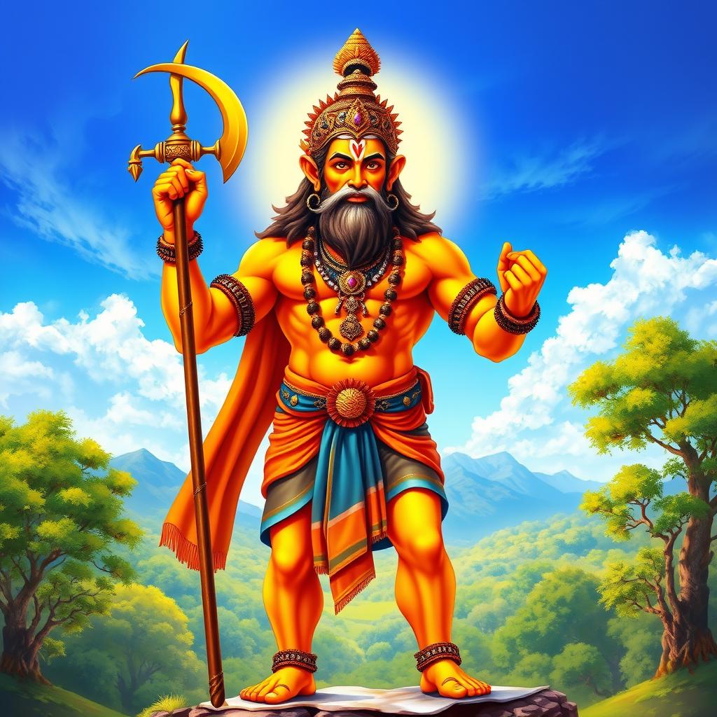 A majestic depiction of Hanuman, the revered monkey god from Hindu mythology, illustrated in vibrant colors
