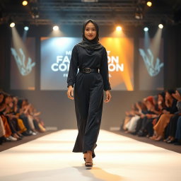 A young, confident girl in a stylish hijab walks gracefully down a fashion runway, illuminated by bright, dramatic stage lights that emphasize her presence