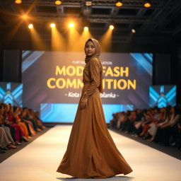 A young, confident girl in a stylish hijab walks gracefully down a fashion runway, illuminated by bright, dramatic stage lights that emphasize her presence
