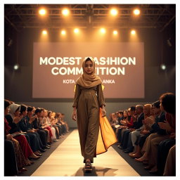 A young, confident girl in a stylish hijab walks gracefully down a fashion runway, illuminated by bright, dramatic stage lights that emphasize her presence
