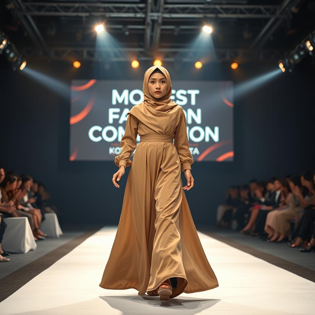 A young, confident girl in a stylish hijab walks gracefully down a fashion runway, illuminated by bright, dramatic stage lights that emphasize her presence
