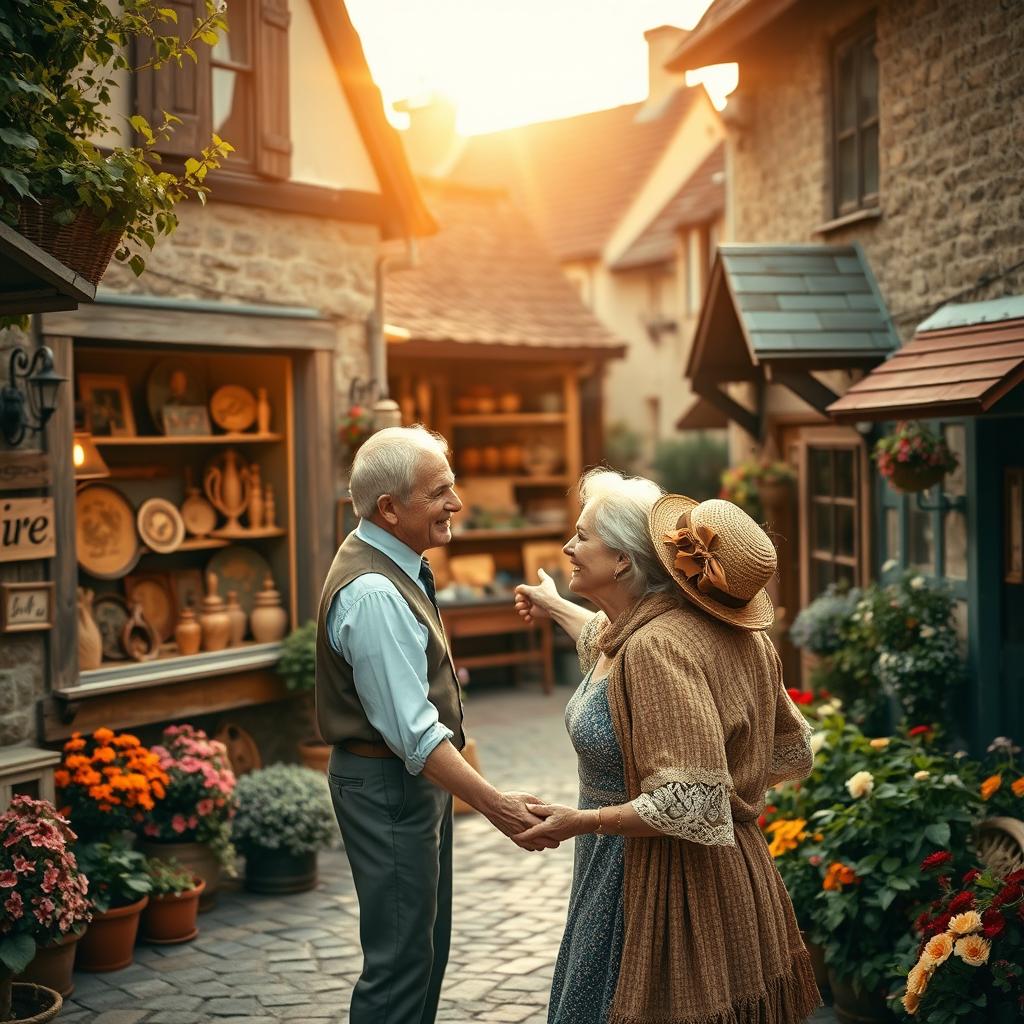 A nostalgic view of an old artisan shop nestled in a charming village, featuring intricate wooden crafts displayed in the window