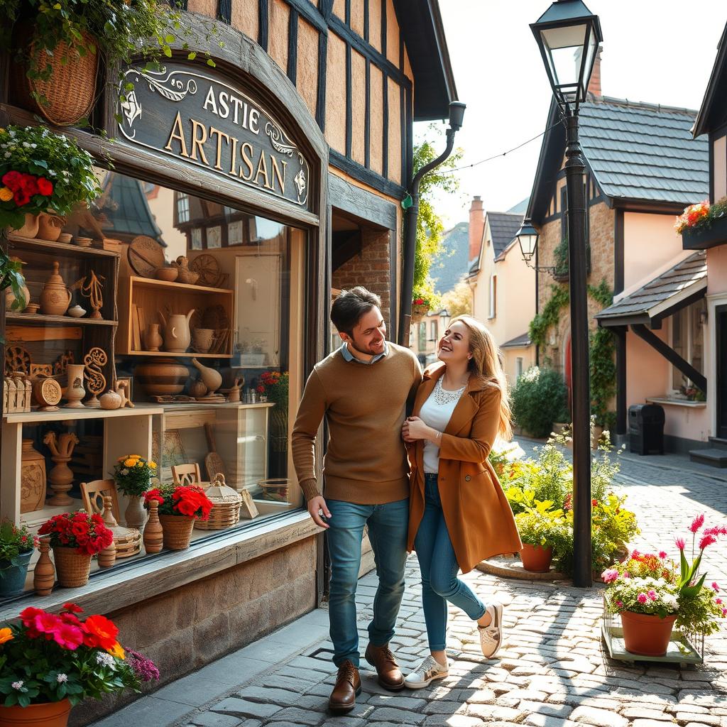 A nostalgic view of an old artisan shop nestled in a charming village, featuring intricate wooden crafts displayed in the window