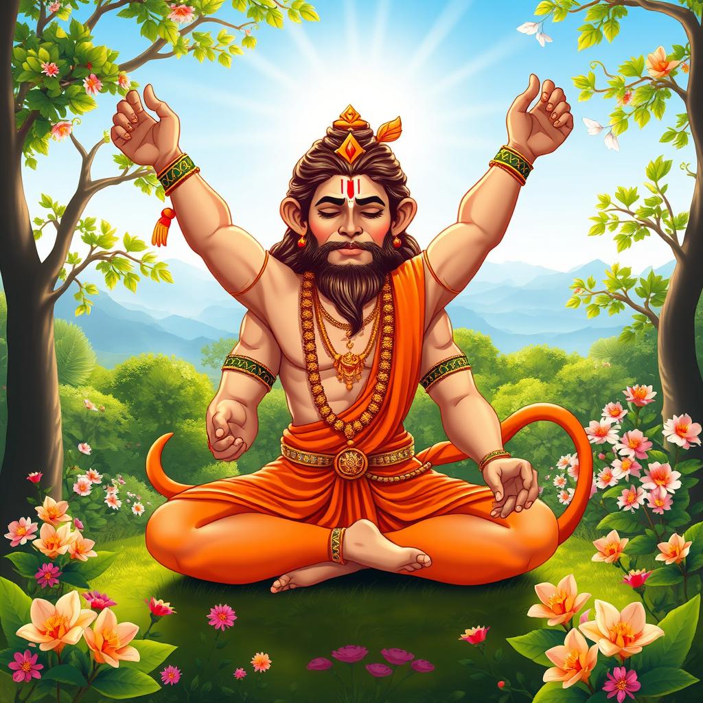 A serene image of Hanuman, the Hindu deity known for his strength and devotion, sitting in meditation