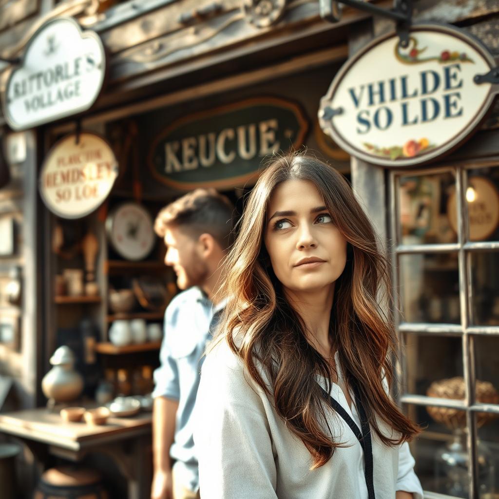 A woman in her 30s with a thoughtful expression stands in front of an old shop in the picturesque village of Helmsley