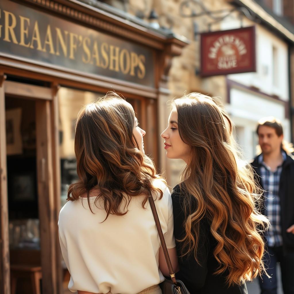 A woman in her 30s with long, wavy brown hair gazes nostalgically at her grandfather's old shop in the charming village of Helmsley