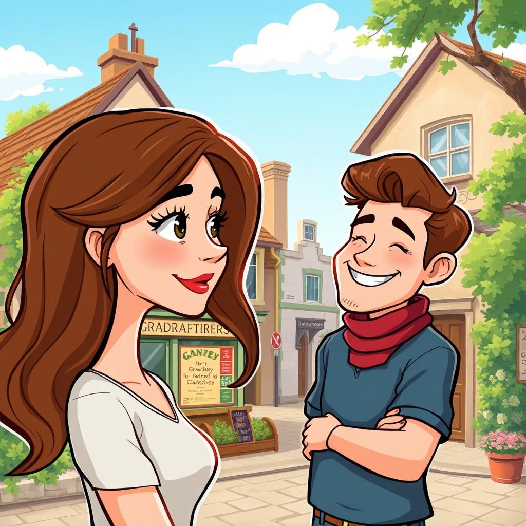 A vibrant cartoon-style illustration of a woman in her 30s with long, wavy brown hair, gazing fondly at her grandfather's old shop in the quaint village of Helmsley