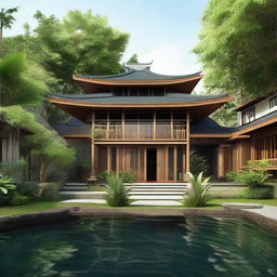 A unique exterior design for a house blending Javanese and Japanese architectural elements. Features include bamboo and wood structures, a pitched thatched or tiled roof, zen-inspired landscaping with lush tropical plants, a koi pond, and a stone pathway leading to a tranquility-inspiring entrance.