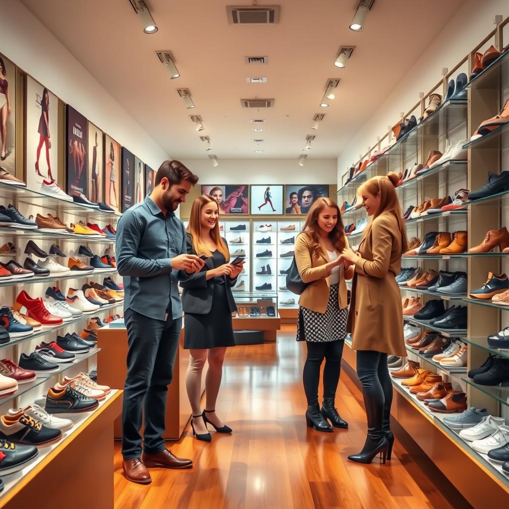 A realistic image of a shoe store interior filled with various styles of shoes on display