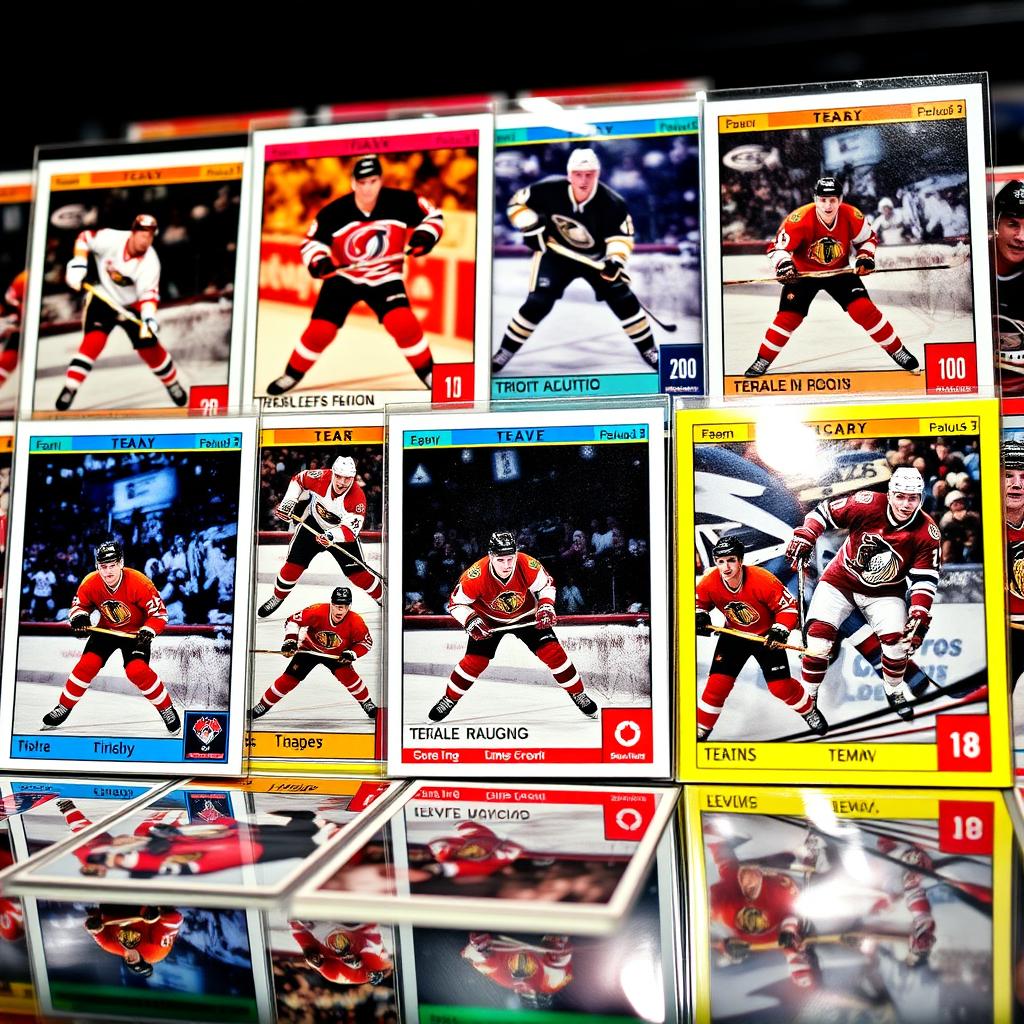 A vibrant display of hockey player collector cards, featuring various iconic hockey players in dynamic poses on the ice, showcasing their team jerseys, helmets, and action shots