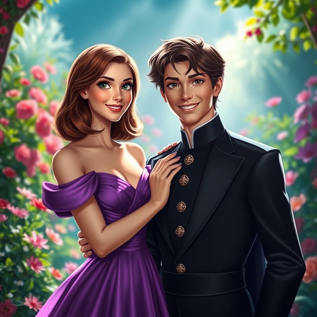 A beautiful young woman with shoulder-length brown hair, wearing a stunning purple dress, standing gracefully beside a handsome prince dressed in a sophisticated black outfit