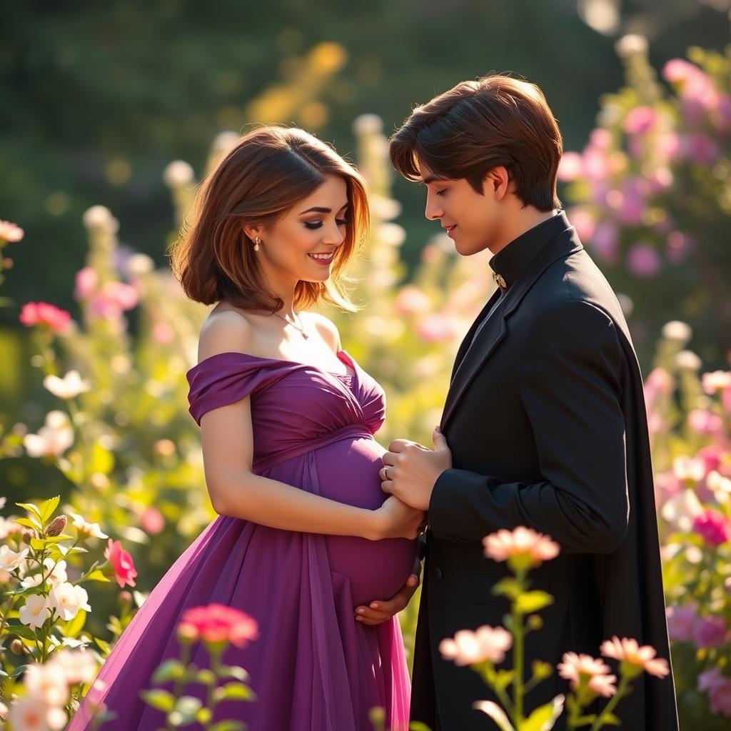 A beautiful young woman with shoulder-length brown hair, dressed in a stunning purple gown, stands lovingly beside a handsome prince in a sophisticated black outfit