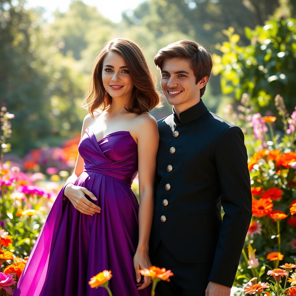 A beautiful young woman with shoulder-length brown hair, elegantly dressed in a stunning purple gown, stands next to a handsome prince in a refined black outfit