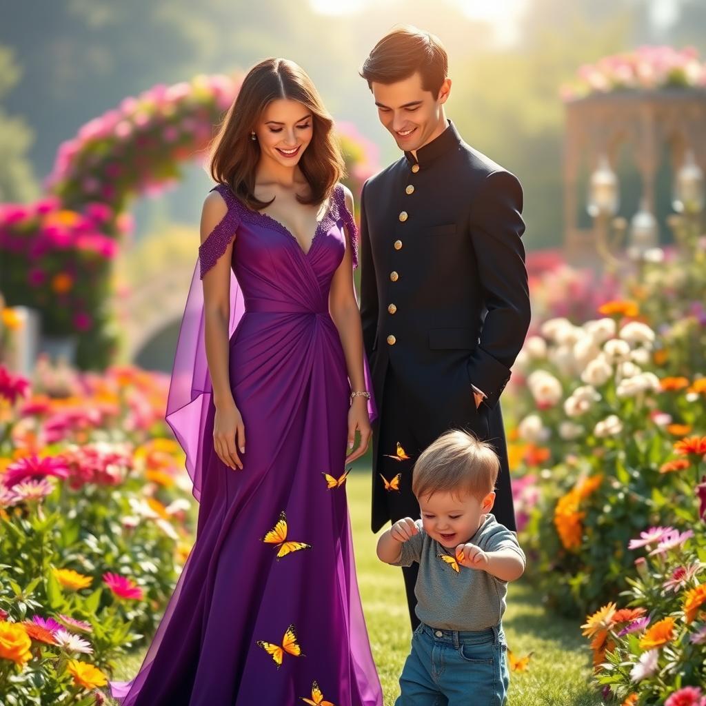 A beautiful young woman with shoulder-length brown hair, elegantly dressed in a stunning purple gown, stands beside a handsome prince in a refined black outfit