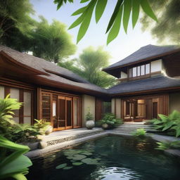 A unique exterior design for a house blending Javanese and Japanese architectural elements. Features include bamboo and wood structures, a pitched thatched or tiled roof, zen-inspired landscaping with lush tropical plants, a koi pond, and a stone pathway leading to a tranquility-inspiring entrance.