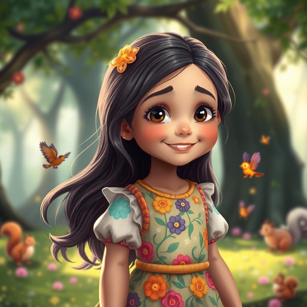 A young girl named Aneyla, with long, flowing hair that cascades down her back, is depicted in a whimsical setting