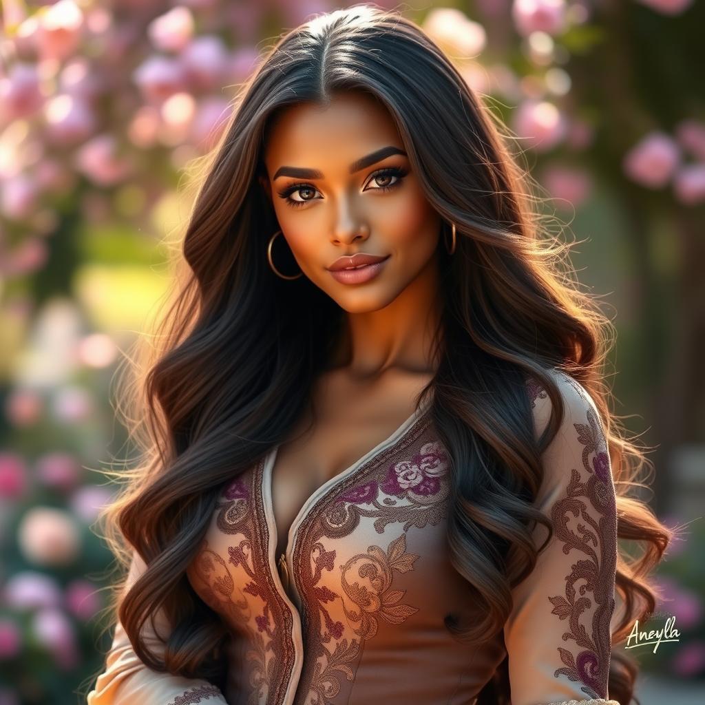 A stunning woman named Aneyla, with long, flowing hair cascading down her back in soft waves
