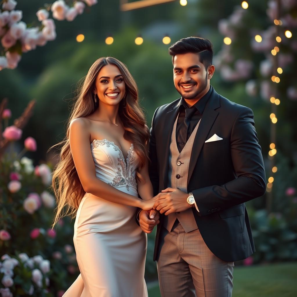 A mesmerizing woman named Aneyla, with long, flowing hair and an elegant presence, stands next to her handsome husband, Yahez