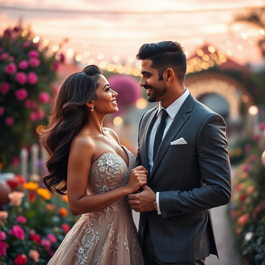 A breathtaking woman named Aneyla, with luxurious, flowing hair and striking features, stands next to her incredibly handsome husband, Yahez, who possesses a chiseled jawline and a charming smile