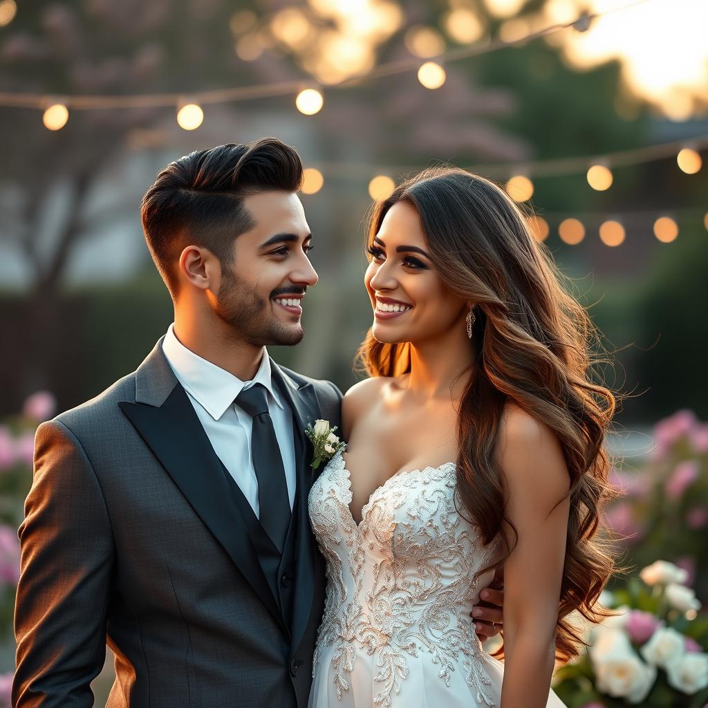 A beautiful woman named Aneyla, with glowing fair skin and long, flowing hair that frames her face elegantly, stands next to her incredibly handsome husband, Yahez