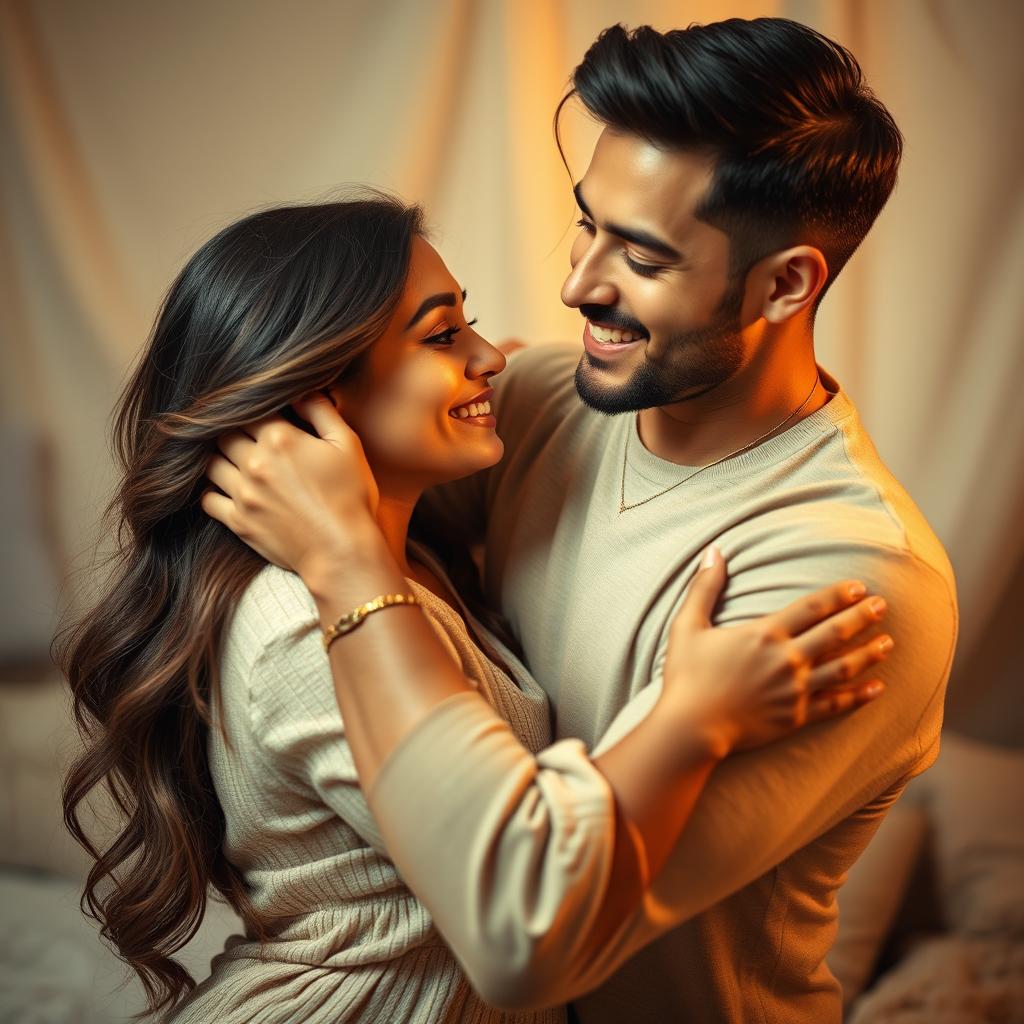 A beautiful woman named Aneyla, with radiant fair skin and flowing hair, is lovingly embracing her incredibly handsome husband, Yahez, who has striking features and a warm smile