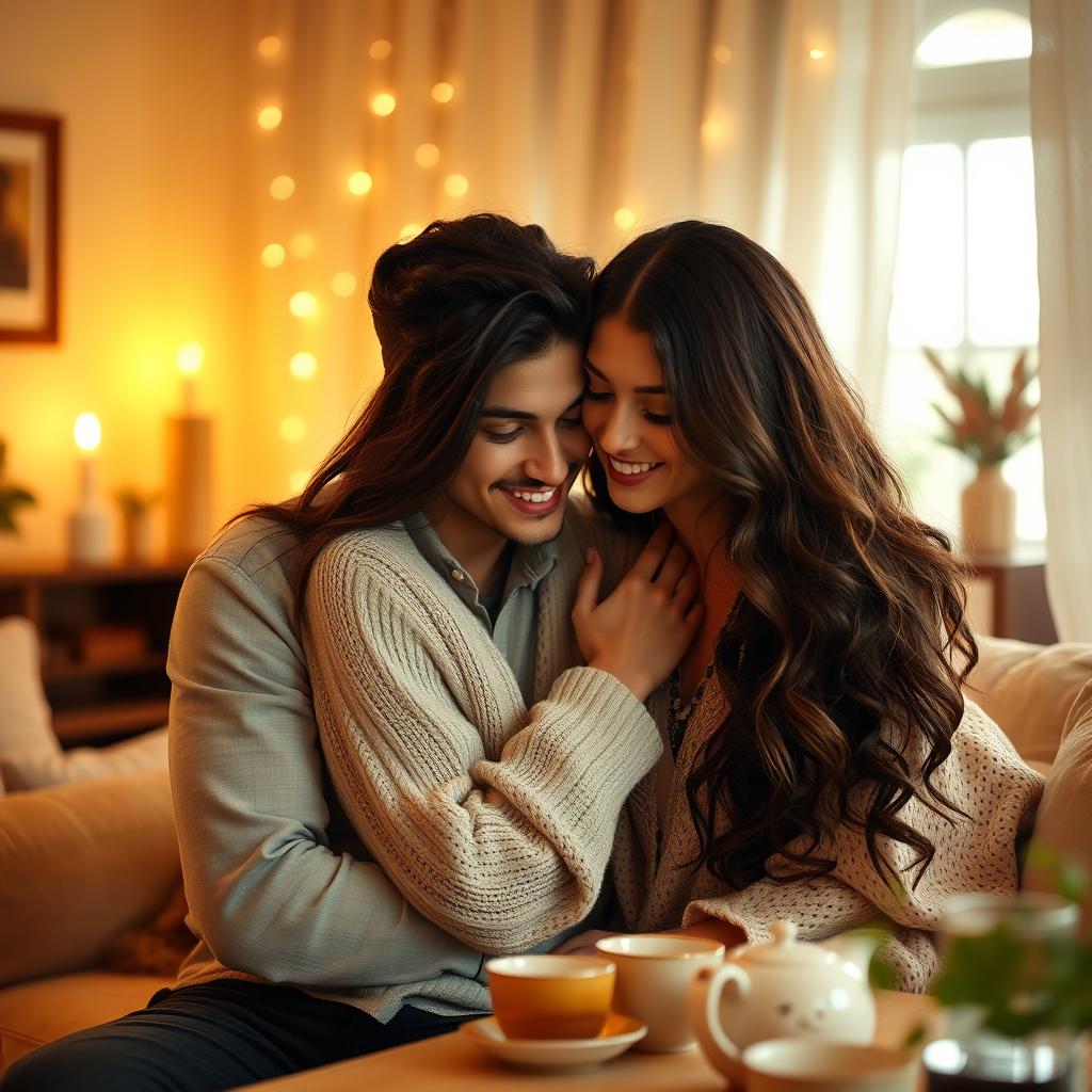A stunning woman named Aneyla, with radiant fair skin and flowing hair, is lovingly embracing her incredibly handsome husband, Yahez, who has striking features