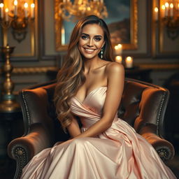 A stunning woman with long flowing hair, dressed in a beautiful, elegant evening gown