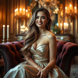 A stunning woman with long flowing hair, dressed in a beautiful, elegant evening gown