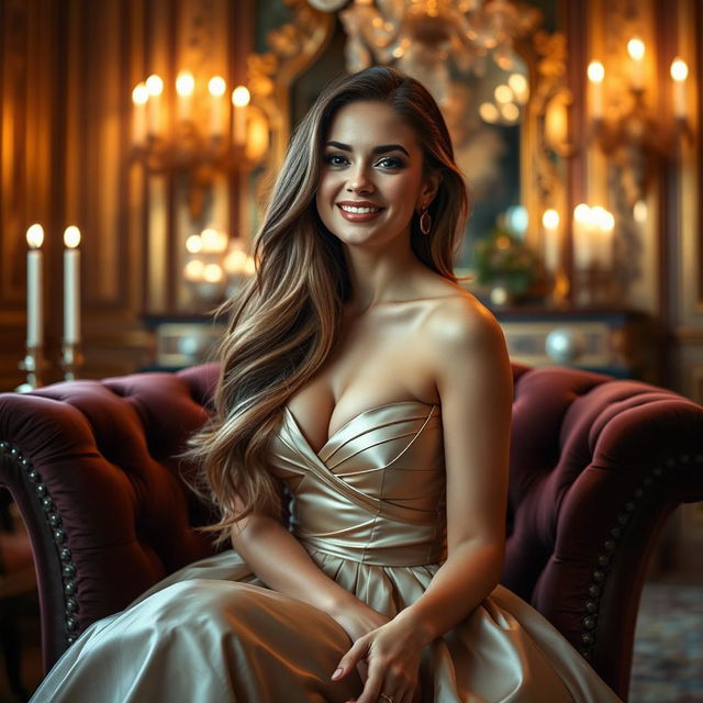 A stunning woman with long flowing hair, dressed in a beautiful, elegant evening gown