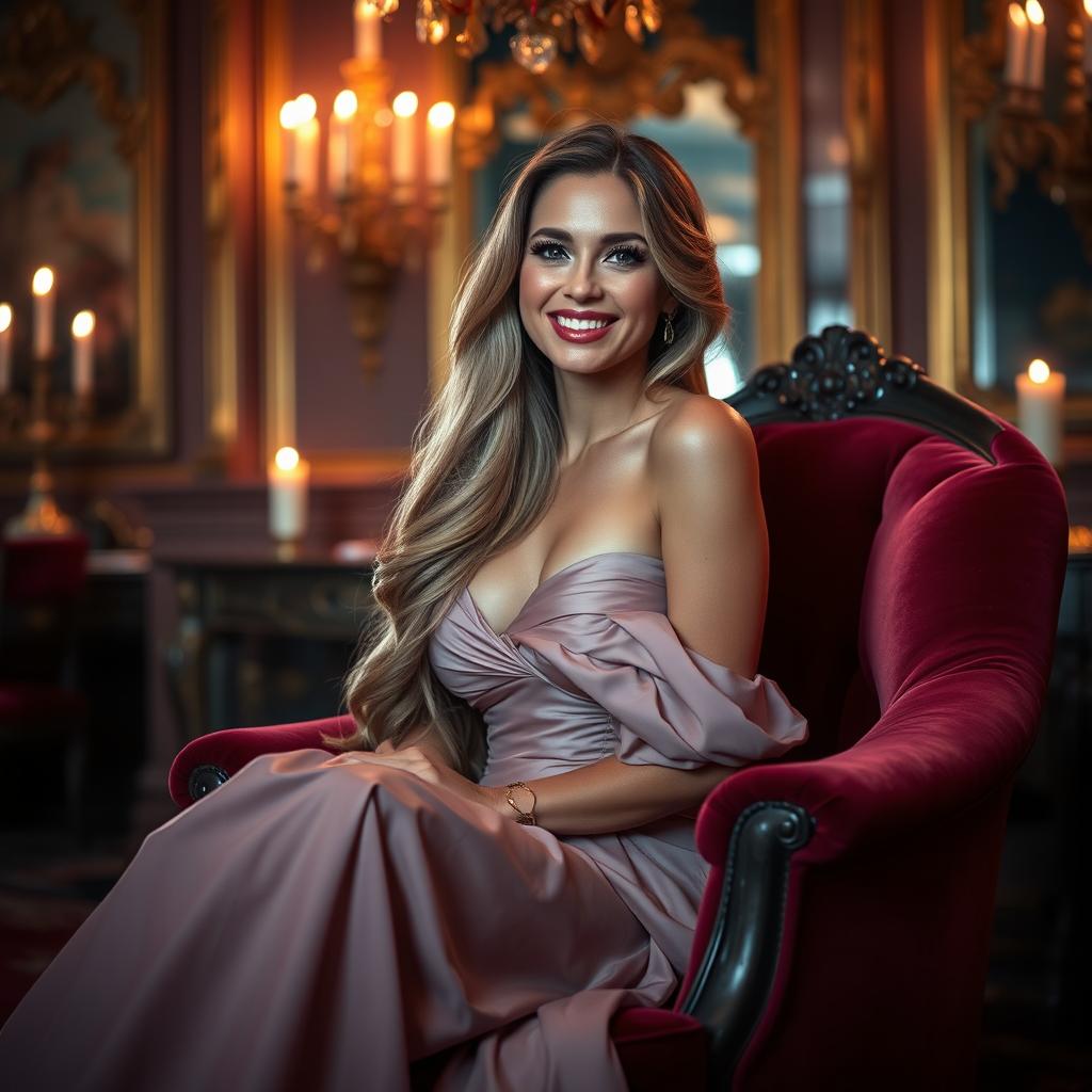 A stunning woman with long flowing hair, dressed in a beautiful, elegant evening gown